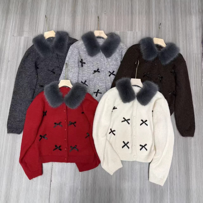 2025 Autumn and Winter New Style Sweet Bow-Knot Fur Collar Knitted Cardigan Women's Loose Casual Long-Sleeved Sweater Jacket