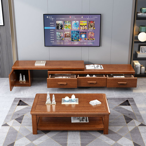 Walnut TV cabinet coffee table combination living room wall storage video cabinet modern Chinese solid wood retractable floor cabinet