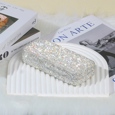 Cross-Border Hot-Selling Diamond-Encrusted Car Glasses Storage Box, Light Luxury Car Sunglasses Case, Portable Storage for Sunglasses (Other Automotive Interior Supplies) - white