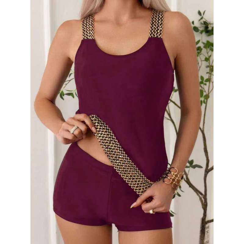 Women's Two-Piece Swimsuit Burgundy Metal Chain Strap Shorts Tankini Fashion Vacation Cross-Border Swimsuit for Women