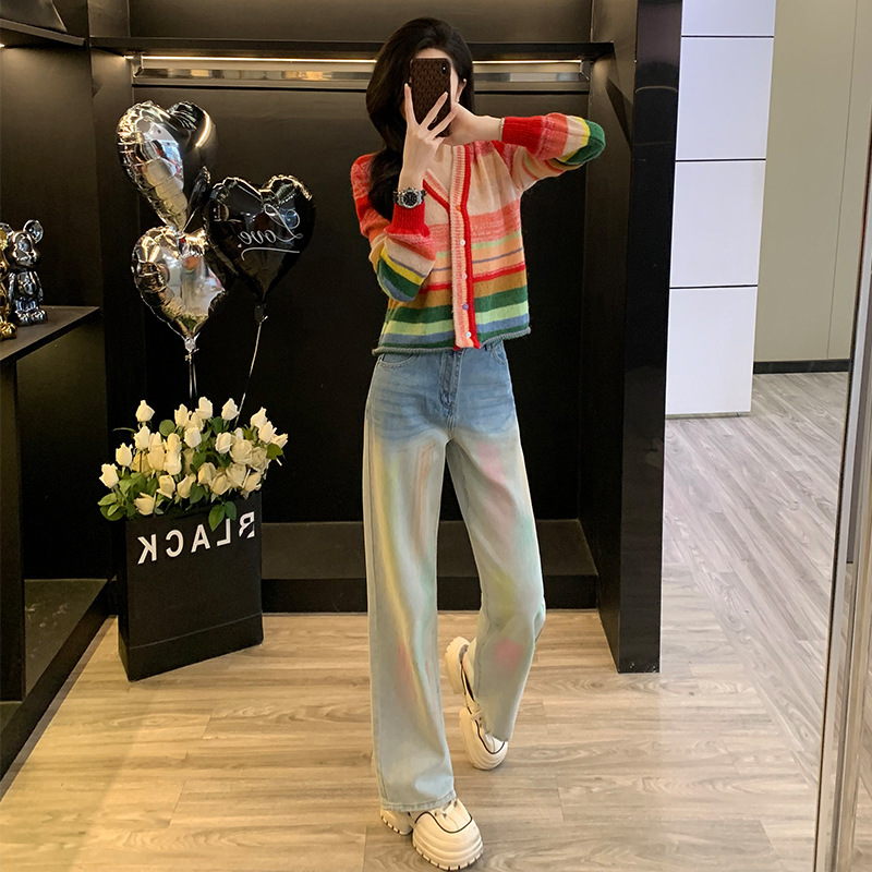 Color-Contrasting Rainbow Striped Knit Sweater for Women, 2026 Spring New Niche Blush Gradient Jeans Fashion Set