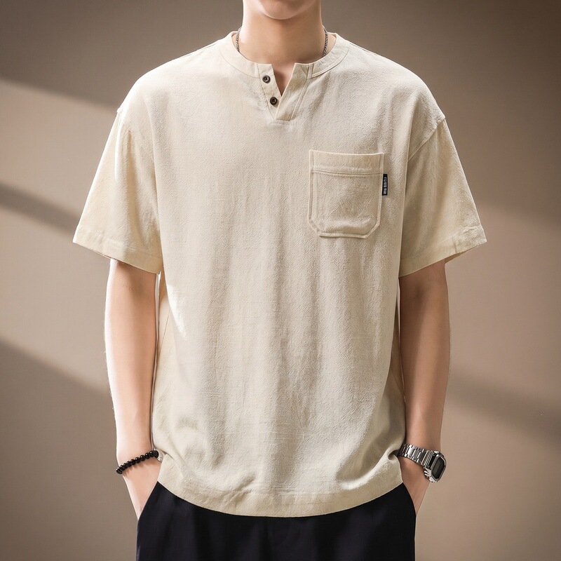 High-End Chinese-Style Henry Collar Linen V-Neck Short-Sleeved T-Shirt for Men, New Summer Workwear Trendy Brand Men's Half-Sleeved Polo Shirt