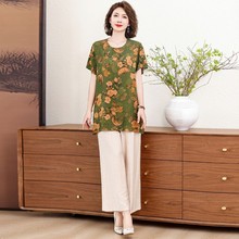 高端年轻妈妈国风套装短袖t恤夏装新中式上衣中老年加大码两件套