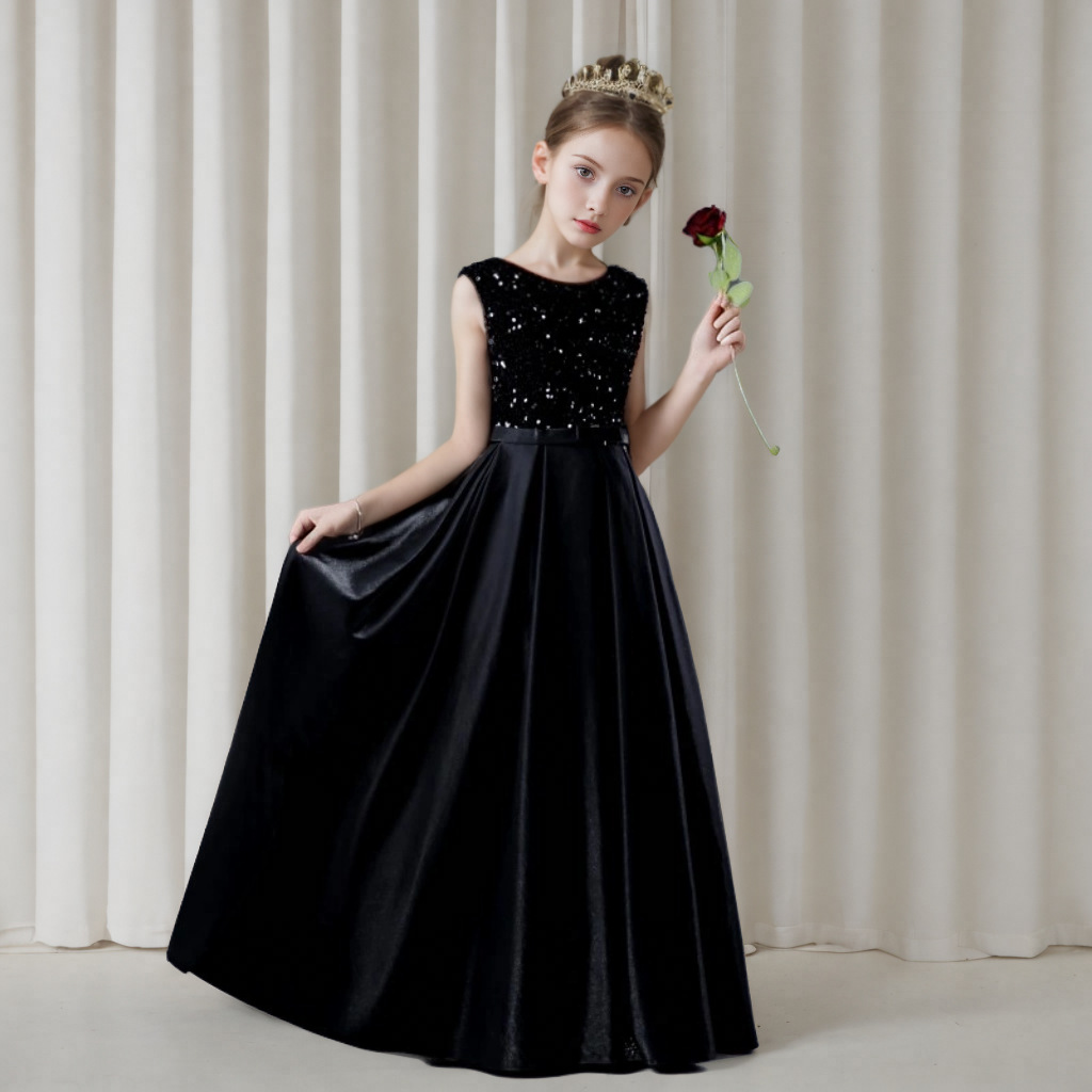 Elegantes schwarzes Prinzessinnenkleid für Mädchen – Langärmeliges Abendkleid für Klavierkonzerte, Violinkonzerte und besondere Anlässe (80-160 cm)_voghion.com