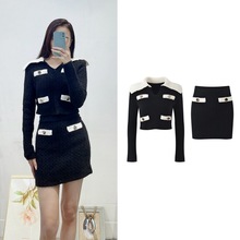 南油高端女装冬季新款时尚小香风海军领修身针织衫女+半裙两件套