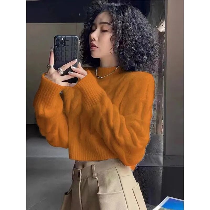 Autumn new retro cable-knit pullover sweater, high-waisted, short, casual style, soft and comfortable, orange color, women's base layer top