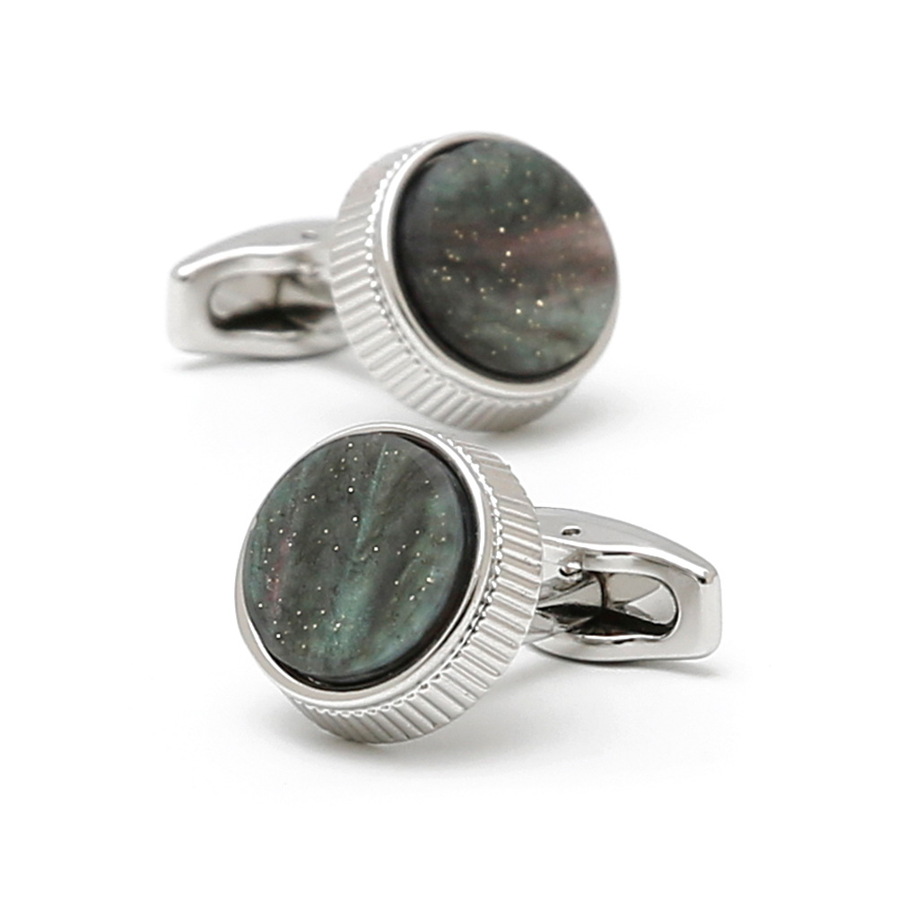 Cufflinks for Men, Cross-Border Vintage Green Marble Pattern Round Silver Jewelry, 1 Pair, Dropshipping