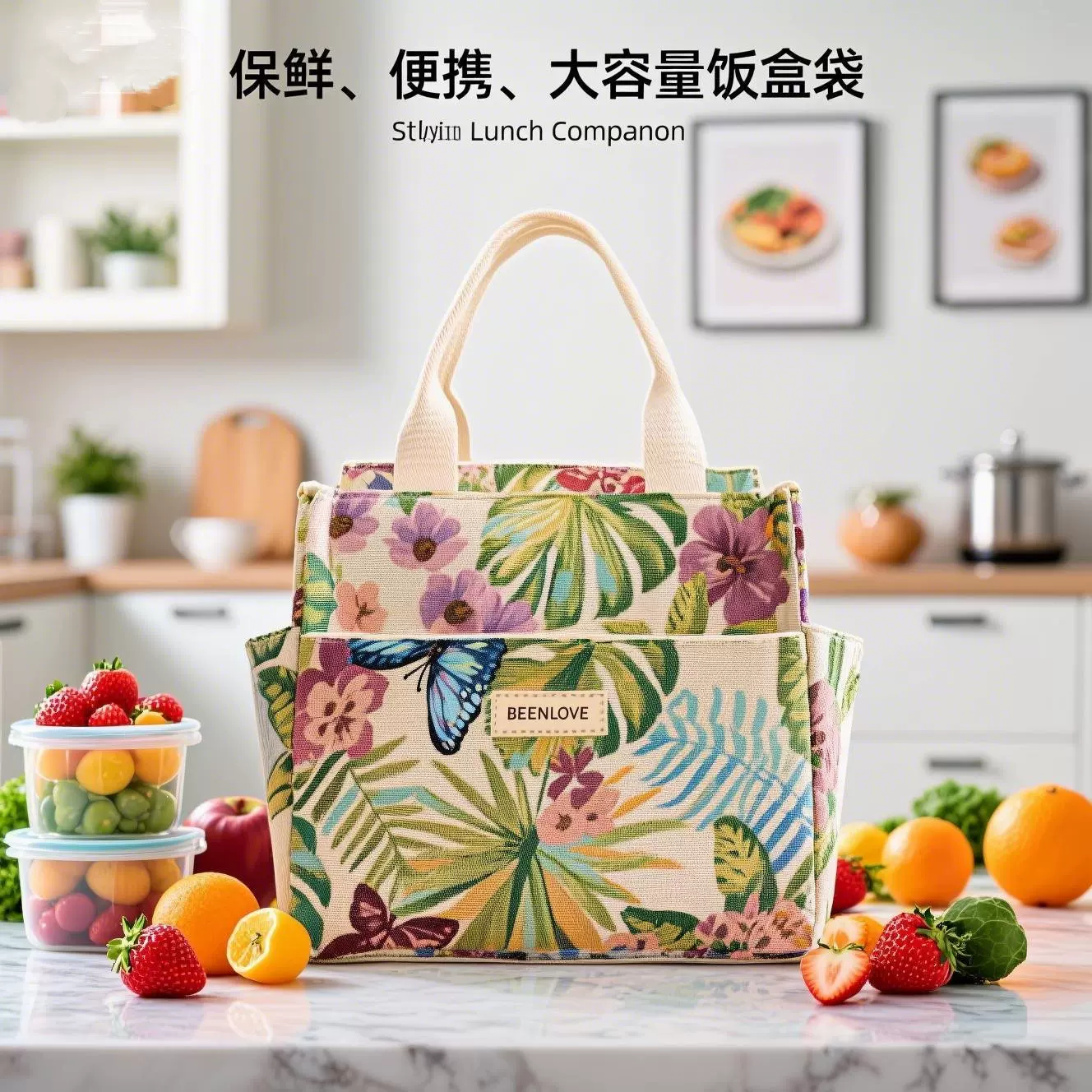 跨境国风饭盒袋新款大容量通勤上班族保温包便携手提午餐便当包