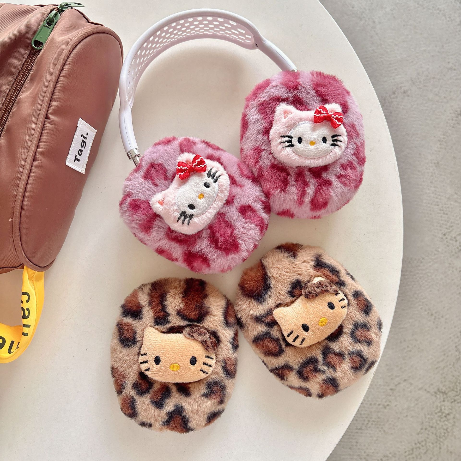Plush Leopard Print Cartoon Cat airpods Max Protective Case for Apple Headset Ear Cap Earmuff Earphone Case