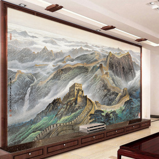 万里长城国画电视背景墙布龙抬头山水壁画办公室壁纸中式影视墙纸-阿里巴巴