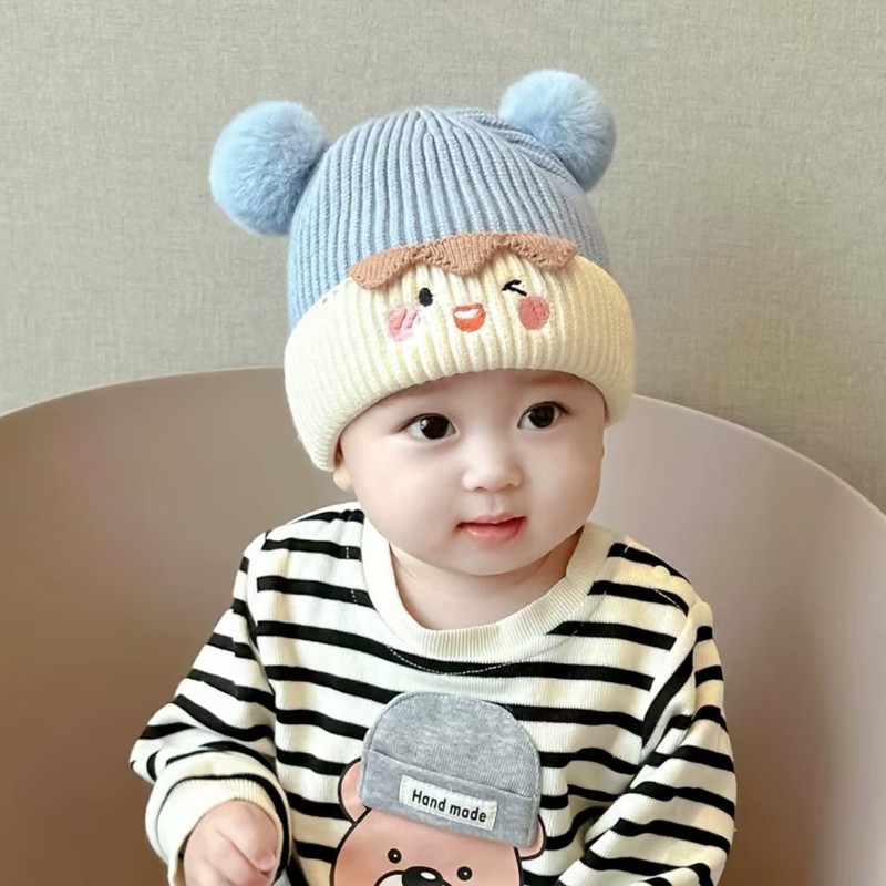 宝宝帽子秋冬季可爱毛球套头帽婴幼儿针织毛线加厚护耳男女超萌潮|undefined