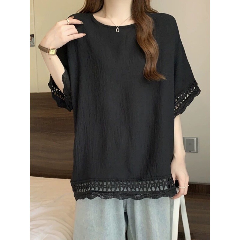 Korean-Style Lace Hollow Texture Short-Sleeve T-Shirt Plus Size 150kg Summer Trendy Youthful Ins-Style Pullover Top