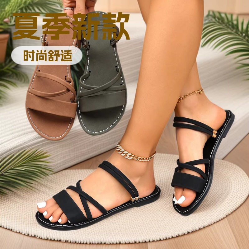 Women's 大码一字带纯色平底休闲两穿拖鞋亚马逊热销欧美时尚拖鞋