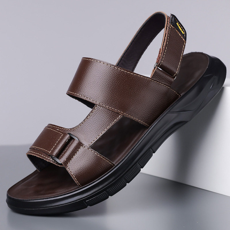 Dép sandal nam da bò đi biển quai dán đế dày mềm — Màu nâu, màu đen