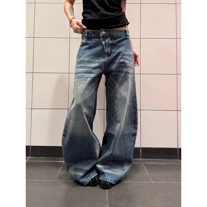 F383 American Retro Washed Whiskered Slub Pattern Wide-Leg Jeans for Men and Women, Loose Straight-Leg Pants with a Stylish Design