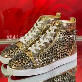 cl andgz男鞋金色真蟒蛇皮乱钉高帮红底鞋铆钉女鞋休闲平底情侣鞋