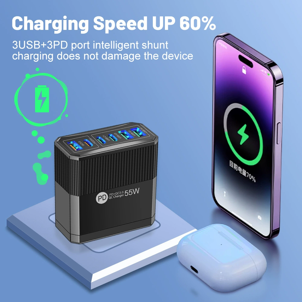 Зарядное устройство для мобильного телефона 3PD+3USB, быстрая зарядка для путешествий, зарядный блок PD55W QC3.0+PD25W