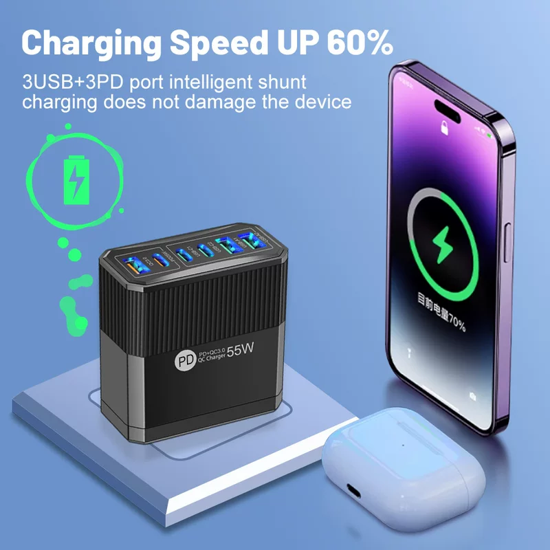 Зарядное устройство для мобильного телефона 3PD+3USB, быстрая зарядка для путешествий, зарядный блок PD55W QC3.0+PD25W