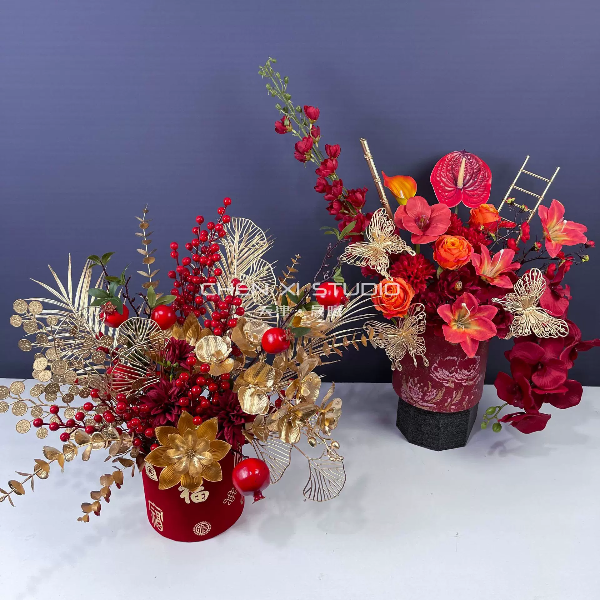 2025新年装饰仿真插花摆设客厅高端摆花抱抱桶花筒福桶发财果石榴