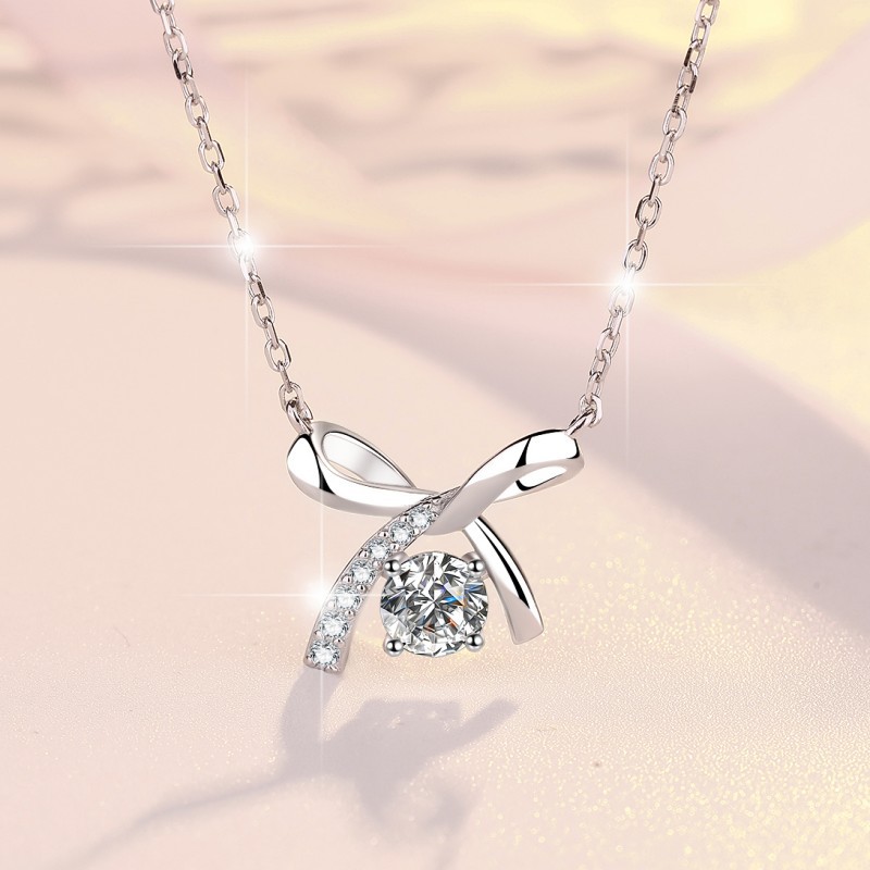 Sterling Silver Elegant Simple Style Bow Knot GRA Plating Moissanite Zircon Pendant Necklace display picture 1