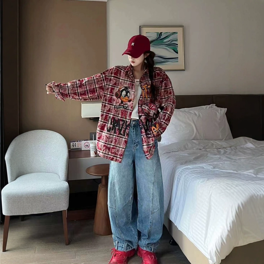 2024 осенний новый реальный снимок американского ретро-алфавита в клетку рубашки с длинными рукавами с принтом средней длиной