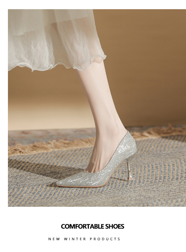 Giày cao gót mũi nhọn Jingang CG6007 gót nhọn 9 cm, đính pha lê, kiểu cô dâu mùa hè — Màu Sâm panh chi tiết 10