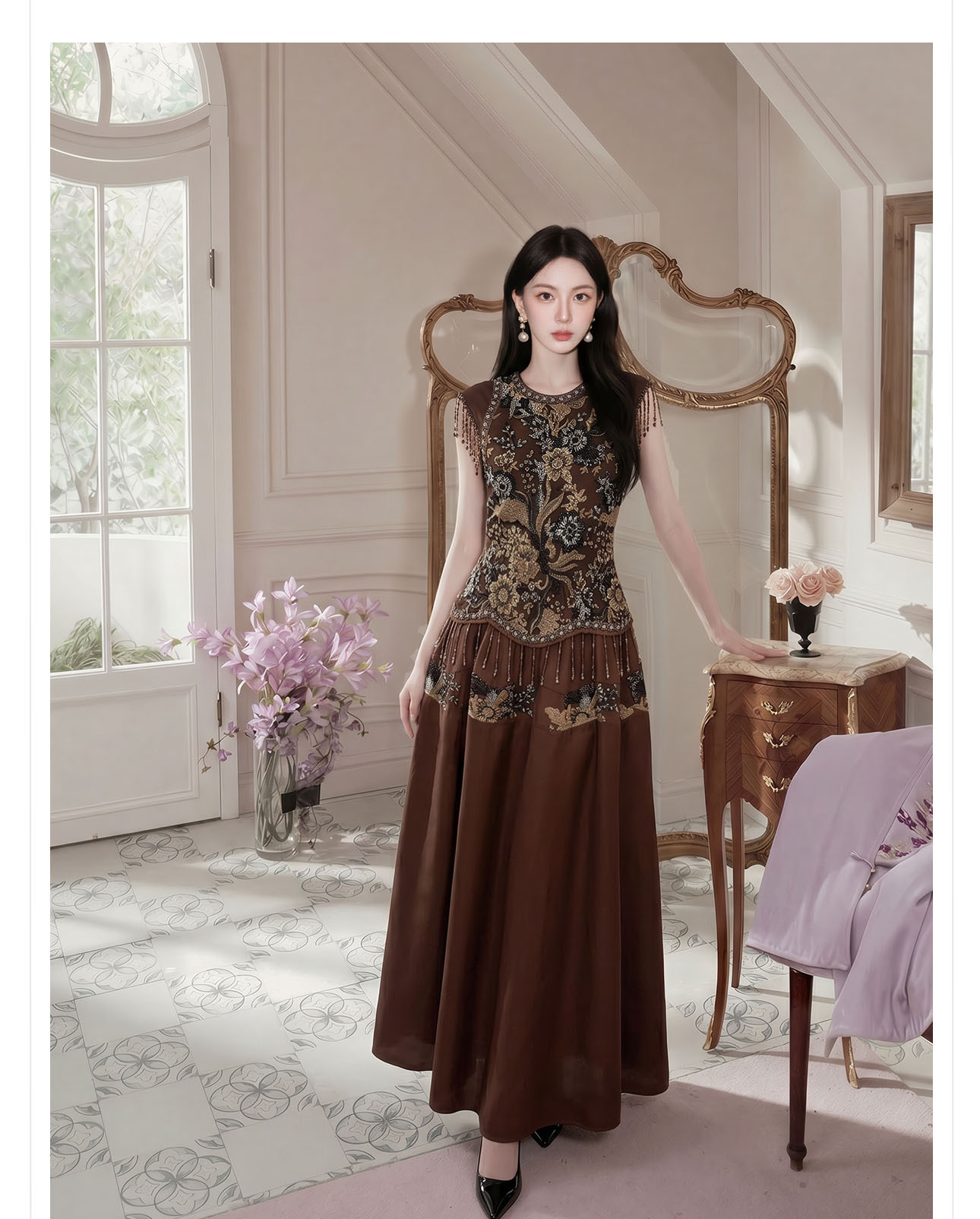 Đầm maxi nữ thắt eo phong cách Tân Trung Hoa, cổ tròn, đính cườm thêu ren, thiết kế vintage — Màu cà phê chi tiết 9