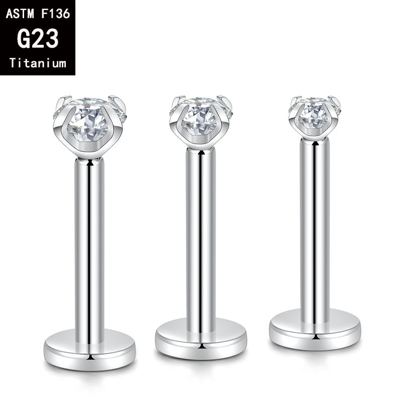 G23 Titanium Four-Claw Inlaid Zircon Inner Tooth Lip Nail Internal Thread Ear Stud, 1.2mm x 14mm, 8mm Top detail image 8