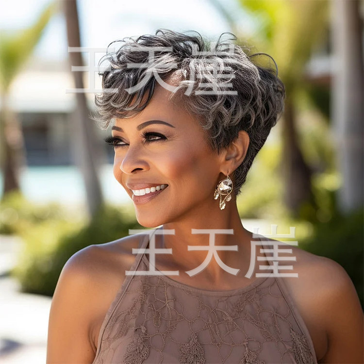 European and American style granny gray short curly wig, fluffy natural short curly hairpiece for middle-aged and elderly women, African style