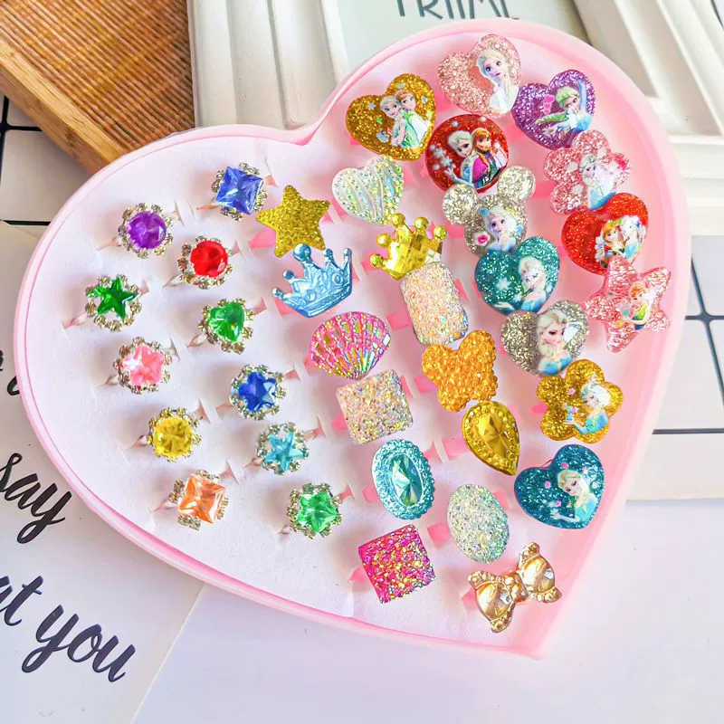 Children's Ring Set, multi-piece cartoon princess jewelry with gems, assorted boxes