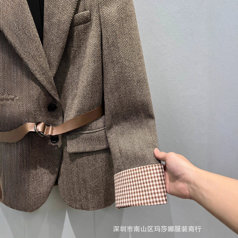 法式南油25年秋冬季新款羊毛复古人字纹收腰系带西装外套气质西服|undefined
