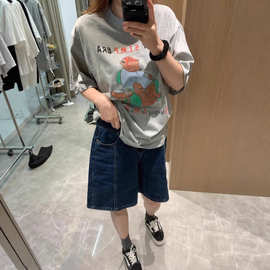 现货韩国2025春夏季新款女装半松紧腰宽松牛仔中短裤