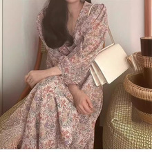 6510韩系碎花连衣裙v领长袖长裙裙子气质法式茶歇收腰高腰显瘦