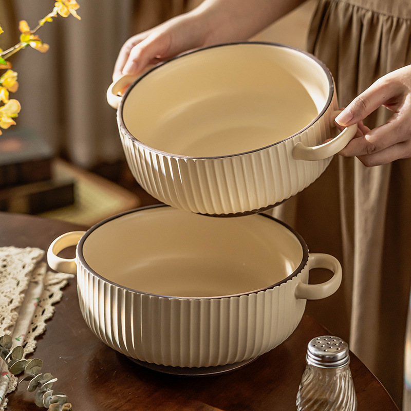 Simple anti-escaldadura tazón de doble oído vajilla de cerámica tazón de sopa tazón de polvo para el hogar tazón de arroz al horno tazón de fideos instantáneos al por mayor tazón profundo Jingdezhen