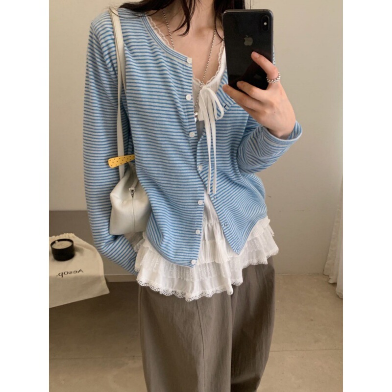 Musi 100% wool striped knitted cardigan for women, autumn and winter, soft and cozy, Korean style Puyuan wool sweater M7383 Musi 100% wool striped knitted cardigan for women, autumn and winter, soft and cozy, Korean style Puyuan wool sweater M7383