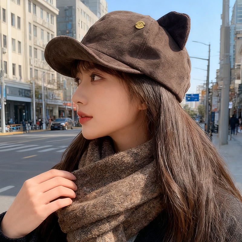 韩版复古麂皮绒猫耳朵帽子女甜美可爱贝雷帽秋冬显脸小画家八角帽|undefined
