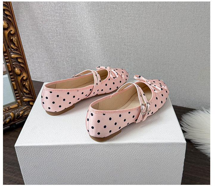 Giày búp bê Mary Jane nữ mũi tròn chất liệu satin chấm bi thắt nơ, đế bằng gót thấp — Màu hồng, Màu trắng, màu đen chi tiết 24