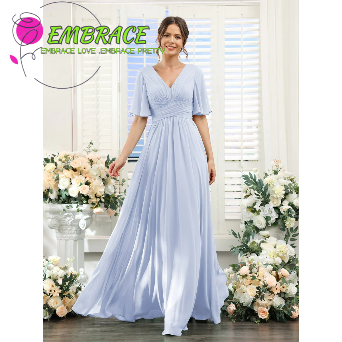 Verano nuevo vestido de noche de chiffon europeo y americano V-collar mangas mariposa novia vestido de damas de honor anfitriona de la fiesta vestido largo