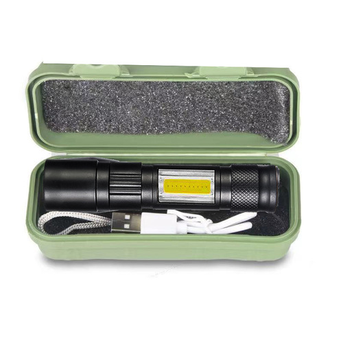 Cross-border LED small flashlight with side light COB strong light telescopic zoom USB charging set household mini flashlight