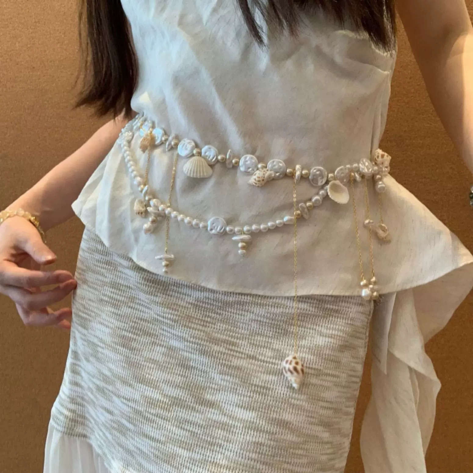 海边沙滩穿搭神器~2025新款珍珠贝壳流苏腰链女度假腰带裙子配饰