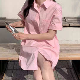 韩国chic口袋衬衣女中长款2024夏季宽松短袖上衣粉色衬衫连衣裙女