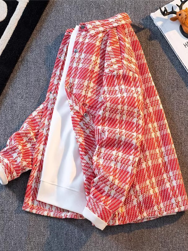 Camisa de pareja de todo fósforo chaqueta chaqueta otoño nuevos hombres retro cola de golondrina pequeña fragancia abrigo diseño tejido