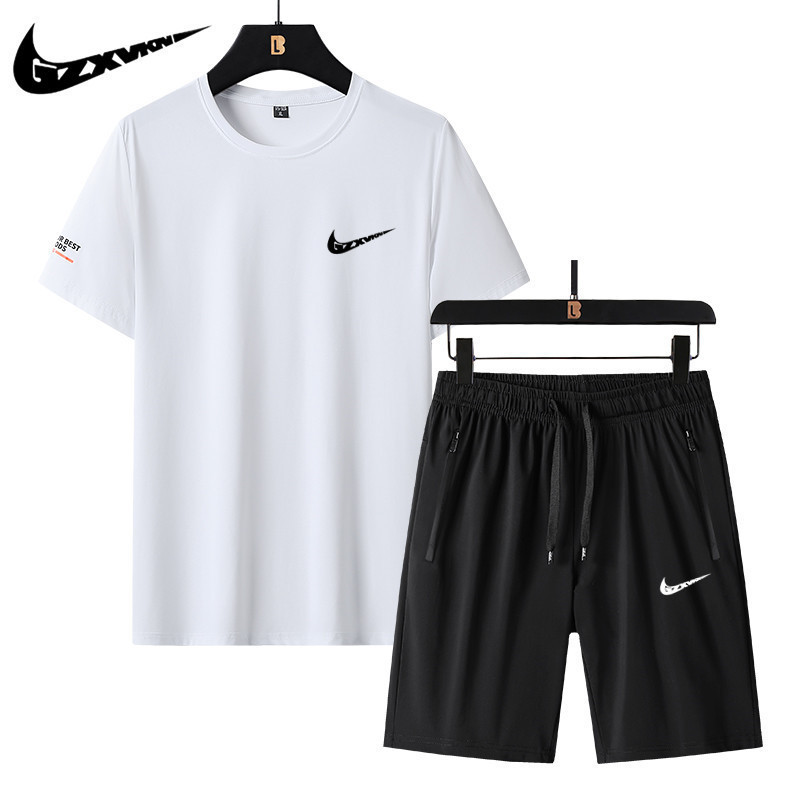 Trendy Casual Sports Suit Men's Trendy Brand Quick-Drying Ice Silk Short-Sleeved T-Shirt Shorts Men's Summer Outfit Complete Set