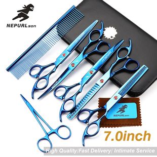 7.0 inch electroplated Blue 5 pet beauty scissors straight shear curved shear set fish bone teeth dense teeth send row comb