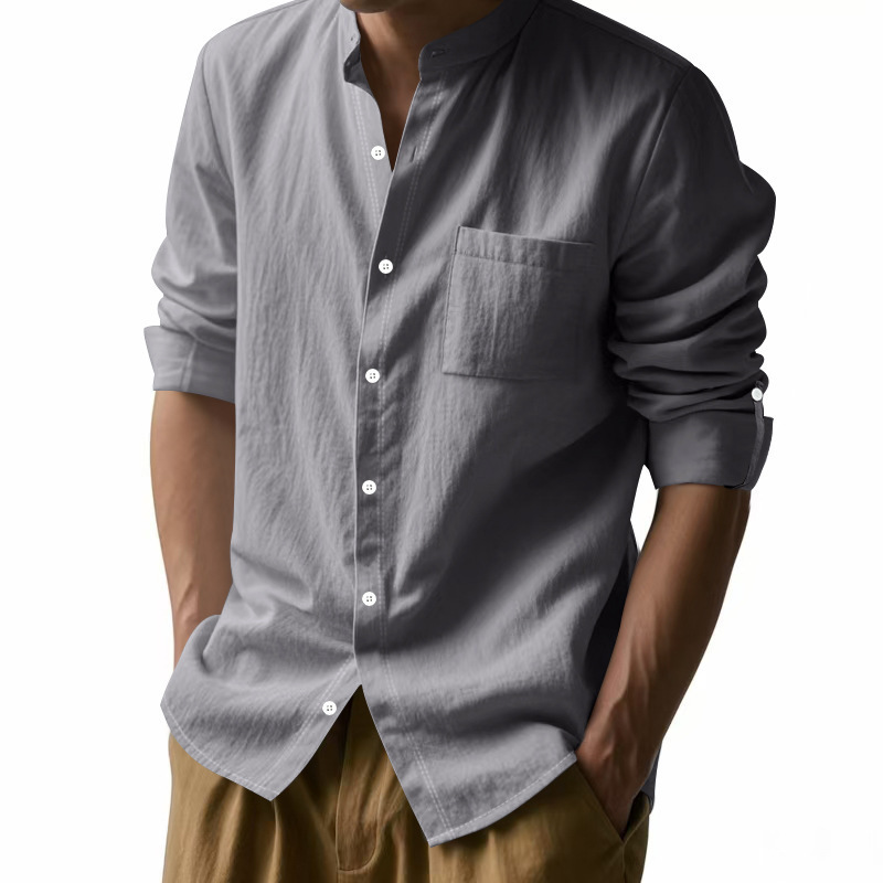 Herren-Leinenhemd mit langen Ärmeln – Atmungsaktiver Stehkragen, minimalistisches Taschendesign und knitterarm für smarte Freizeitkleidung (S-XXXL, 6 Farben)_voghion.com