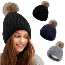 成人冬季加绒毛线帽毛球按扣可拆卸加厚男士抽条针织帽滑雪防风帽