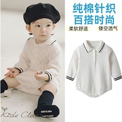 2025秋装新款婴儿包屁衣Polo领长袖镂空透气三角爬服纯棉针织哈衣