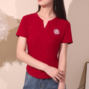 Summer Solid Color Simple Versatile Short-Sleeve T-Shirt for Women V-Neck Slimming Top with a Feminine Korean Style Trendy Base Shirt