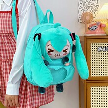 新款卡通初音未来双肩包眯眯眼系列背包可爱蓝色毛绒书包厂家直销