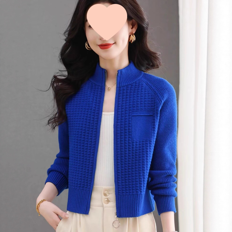 New Half Turtleneck Zipper Wool Knitted Cardigan for Women Spring & Fall Short High Waist Fashion Small Sweater Jacket